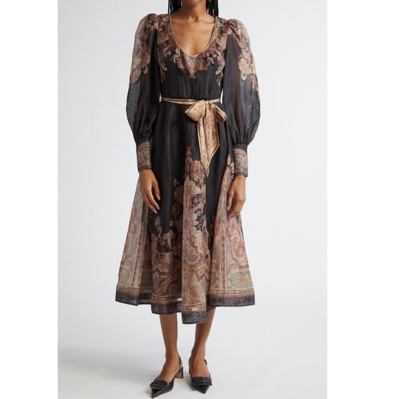 ZIMMERMANN Illustration Belted Printed Linen Silk Blend Organza Midi Dress Black - Picture 2 of 16